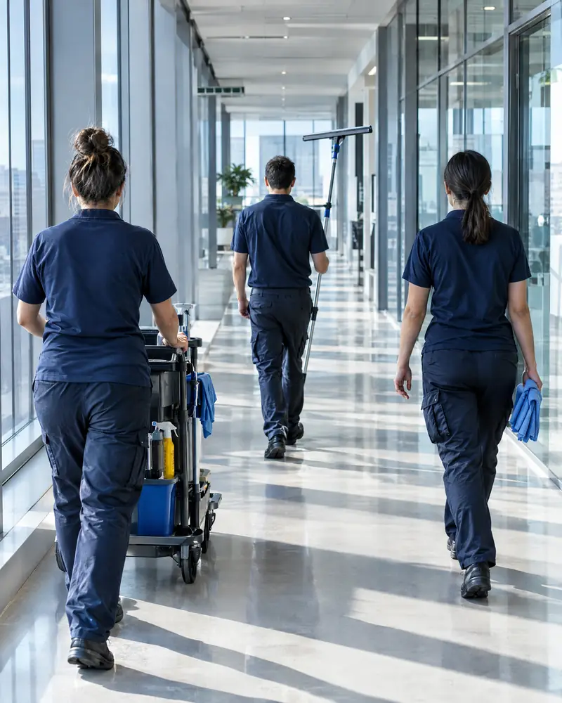 Reinigungsteam in dunkelblauer Arbeitskleidung mit Reinigungswagen auf einem hellen Bürokorridor, von hinten (Symbolfoto)